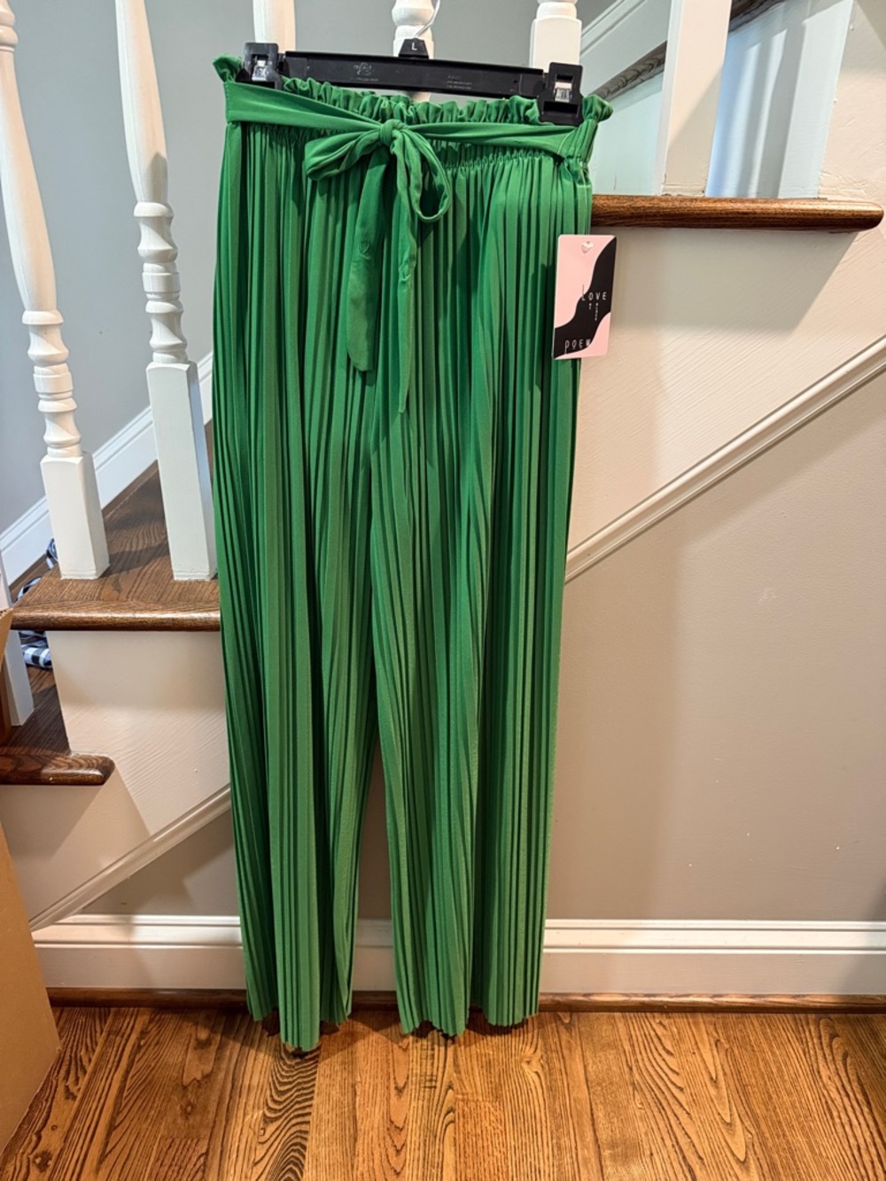 Pleated Wide-Leg Pants with Tie Waist - Green